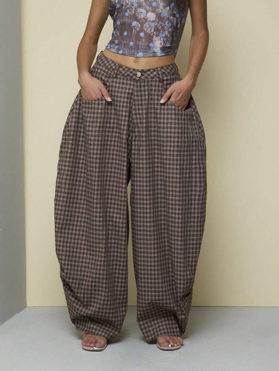 COUREZ Low Rise Baggy Barrell Fit Check Trousers /Y2K Casual Cotton Fall Women Clothes Winter Clo... | SHEIN