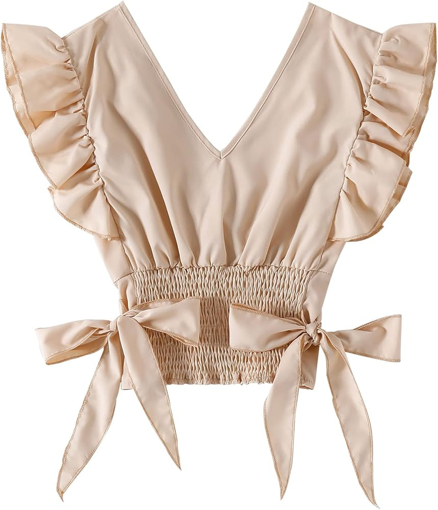 LYANER Women's V Neck Polka Dots Ruffle Cap Sleeve Shirred Hem Blouse Crop Tank Top | Amazon (US)