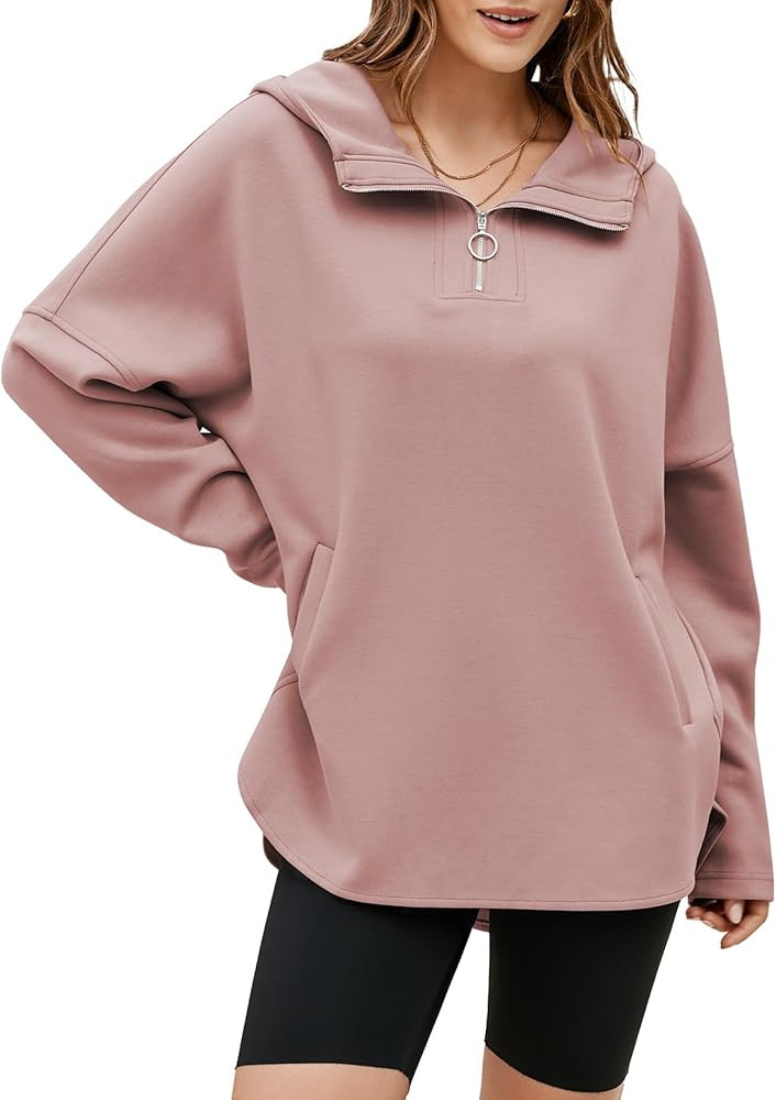 EVALESS Women's Oversized Hoodies Casual Long Sleeve Half Zipper Pocket Sweatshirt Pullover Tops | Amazon (US)