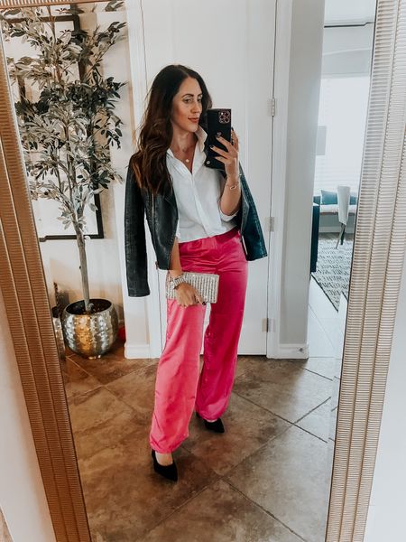Valentine’s Day outfit idea // amazon pink satin pants (size small) 💕 amazon find, faux leather jacket // wide leg satin pants, wide leg trousers, work outfit idea 

#LTKsalealert #LTKunder50 #LTKFind