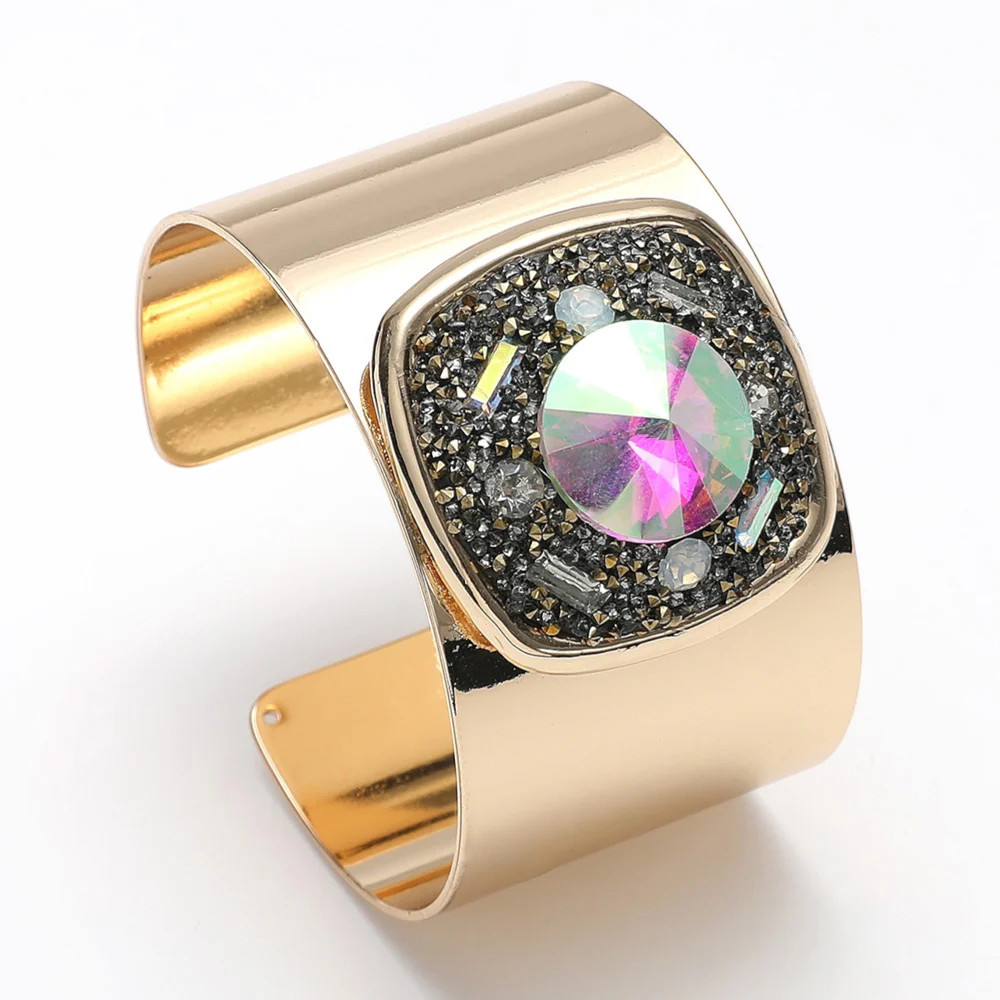 Square Glass Stone Embellished Bling Studded Pointed Cuff Bracelet AB, Gold | Shop Simon