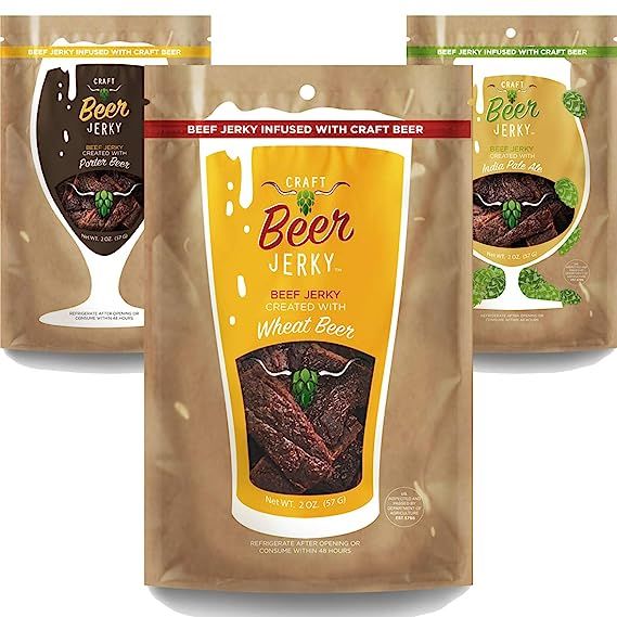 Beef Jerky Snack Pack -Wheat, Porter, IPA flavors. Beef Jerky Marinated in Craft Beer. Small Batc... | Amazon (US)
