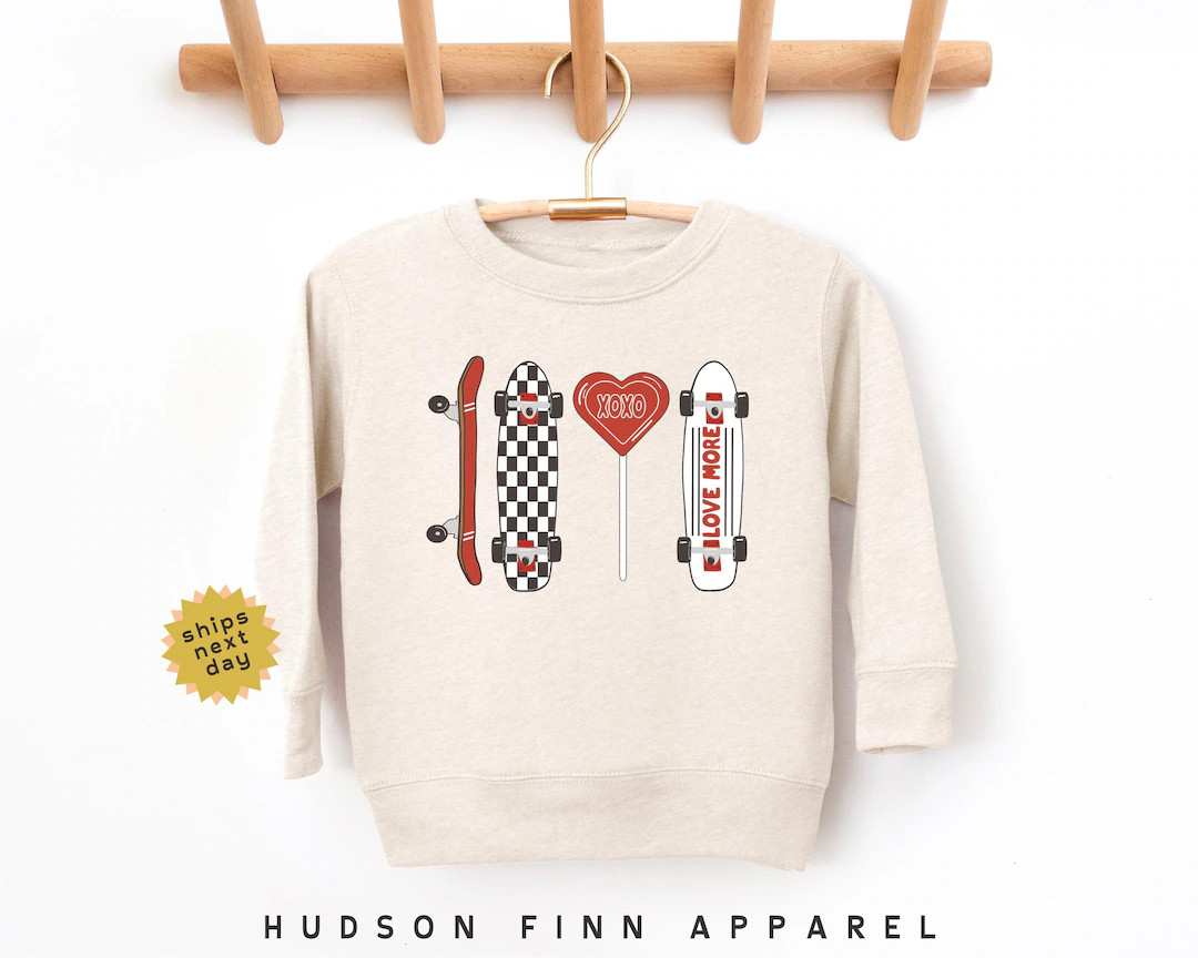 Boys Valentine's Day Kids Sweatshirt, Red Checkered Skateboard Valentines Day Crewneck, Cute Long... | Etsy (US)