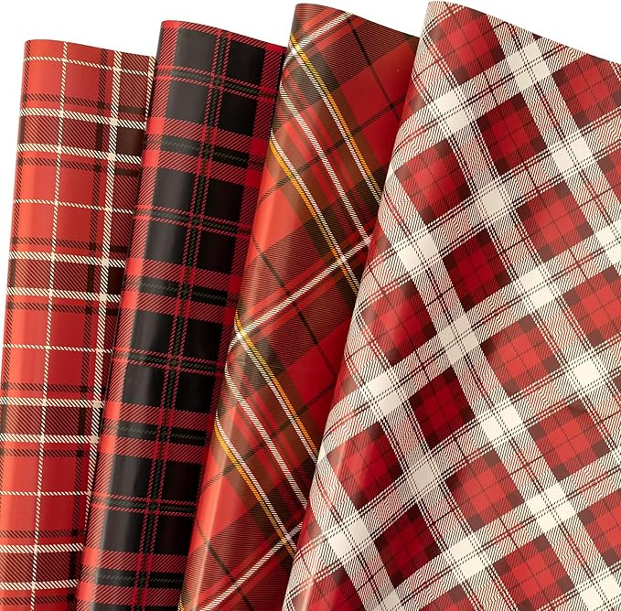 LeZakaa Christmas Red Wrapping Paper, 12 Folded Sheet with 4 Different Tartan Plaid Design for Ne... | Amazon (US)