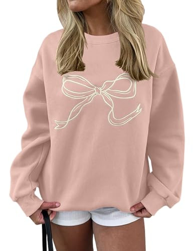 Ardrem Women Bow Graphic Fleece Sweatshirts Oversized Embroidered Pullover Sweatshirts Crewneck Long Sleeve Going Out Tops Light Pink | Amazon (US)