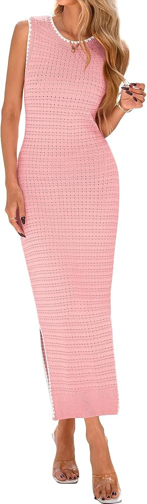 BTFBM Womens Knit Bodycon Midi Dress Casual Sleeveless See Through Cover Up Dresses Crew Neck Sli... | Amazon (US)