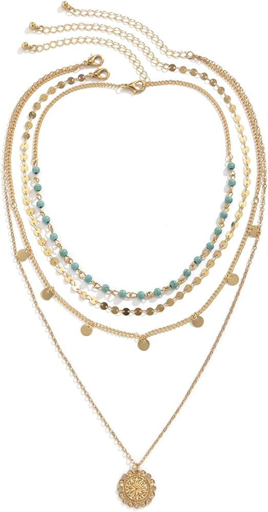 HTH Gold Stacked Necklaces for Women Bohemian Layered Turquoise Charm Chain Choker Necklaces Coun... | Amazon (US)
