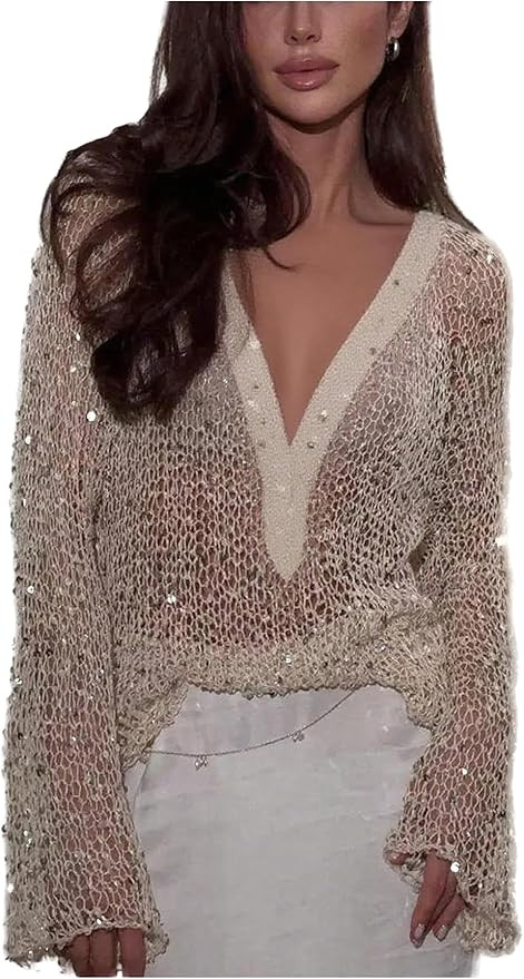 SHENHE Women's Sequin Crochet Sweater Deep V Hollow Out Sexy Party Concert Rave Sheer Knit Top | Amazon (US)