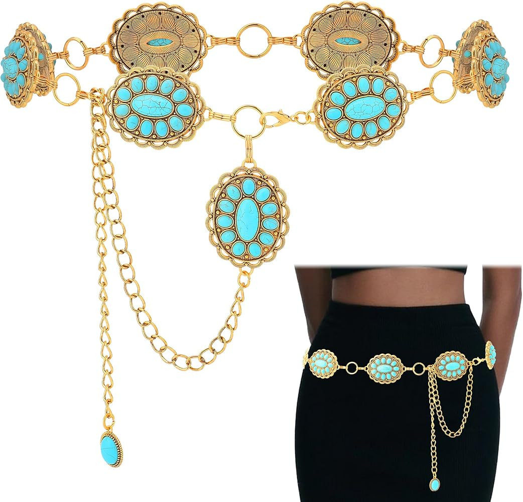 Western Turquoise Belt for Women Boho Cowgirl Concho Metal Belt for Country Concert Outfit Vintag... | Amazon (US)