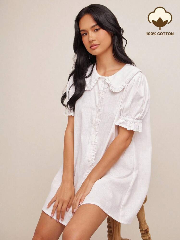 WESTFADE 100% Cotton Ruffle Collar Short Puff Sleeve Button Up Mini A Line Dress Casual Cute Fall... | SHEIN