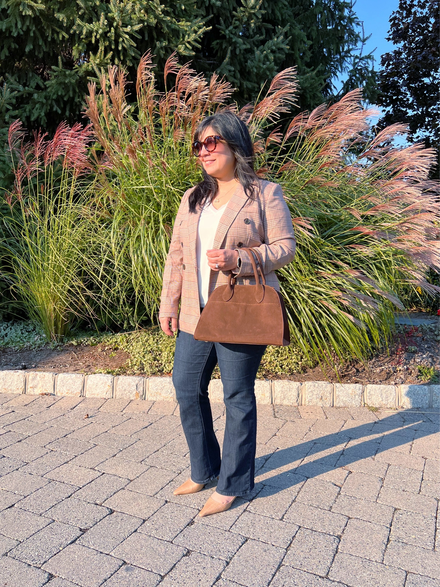 Loft Sale! Extra 50% off sale + free shipping! Love this plaid double breasted blazer and how it helps create the perfect fall outfit! On sale for under $60 right now! Available in both regular and petite sizes. Wearing it here in size 12 petite. Wit and Wisdom bootcut jeans size 12 petite. Sam Edelman slingback heels true to size. Amazon brown suede bag and sunglasses. Electric Picks necklace. Great fall or winter outfit for workwear or casual wear! 


#LTKCyberWeek #LTKSaleAlert #LTKSeasonal