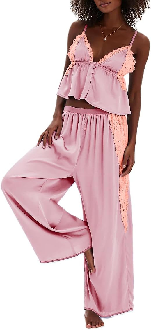 Amiblvowa Silk Satin Pajamas Women Lace Trim Spaghetti Stap Babydoll Tops Mid Waist Wide Leg Pant... | Amazon (US)