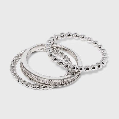 Women's Cubic Zirconia Band-Small Rope Band and Med Bead Band Silver Plated Stack Ring Set | Target