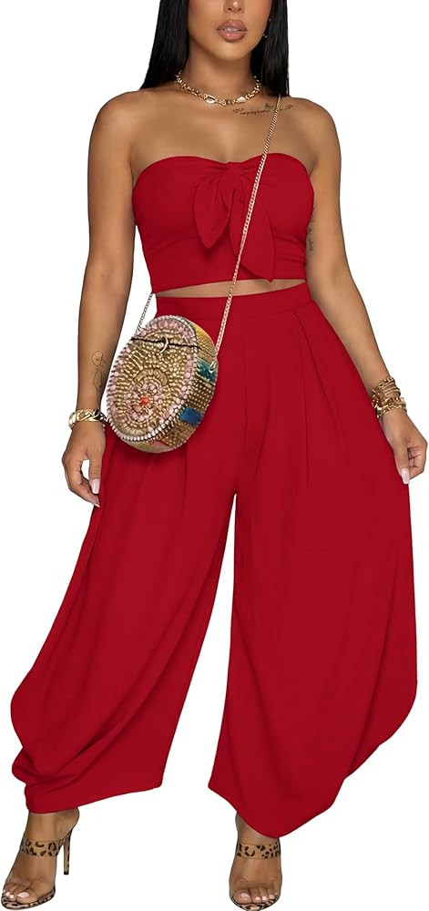 Elainone 2 Piece Sets for Women Off Shoulder Sleeveless Top and Wide Leg Pants Casual Outfits wit... | Amazon (US)