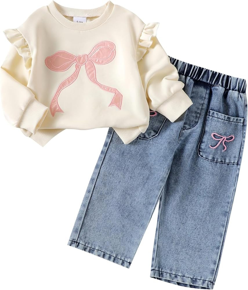 Toddler Baby Girl Clothes Fall Spring Outfit Bow Print Long Sleeve Sweatshirt Pullover Tops Denim... | Amazon (US)