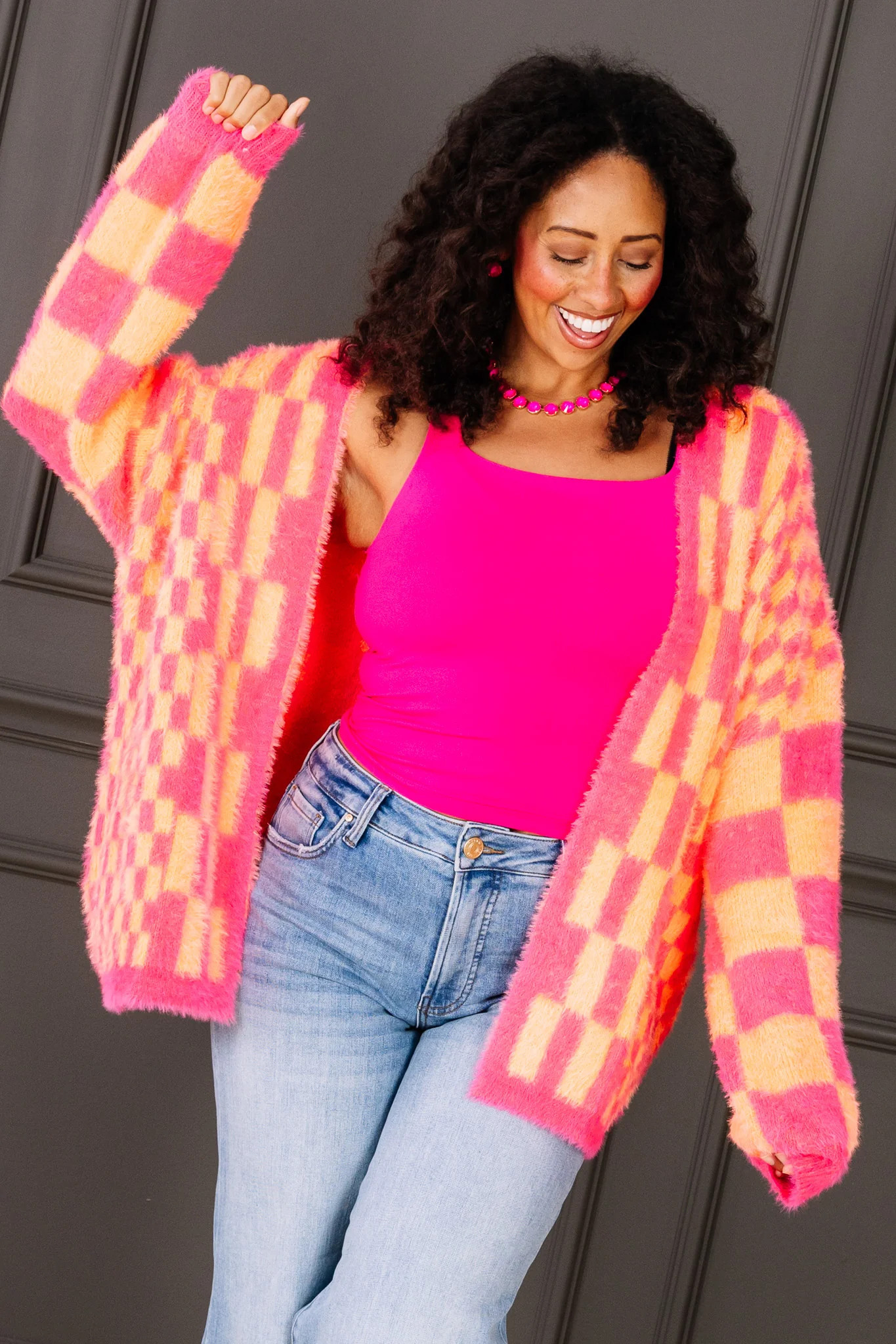 You Already Know Pink & Orange Checker Cardigan | The Willow Tree