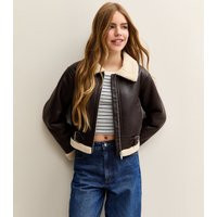 Girls' Dark Brown Faux Shearling Pilot Jacket New Look | New Look (UK)