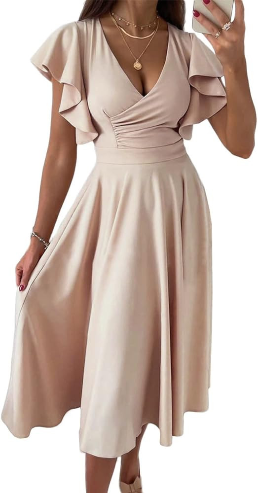 Dokotoo Women's V Neck Elegant Party Dress Short Sleeve Skater Dress Wedding Guest Dresses | Amazon (US)