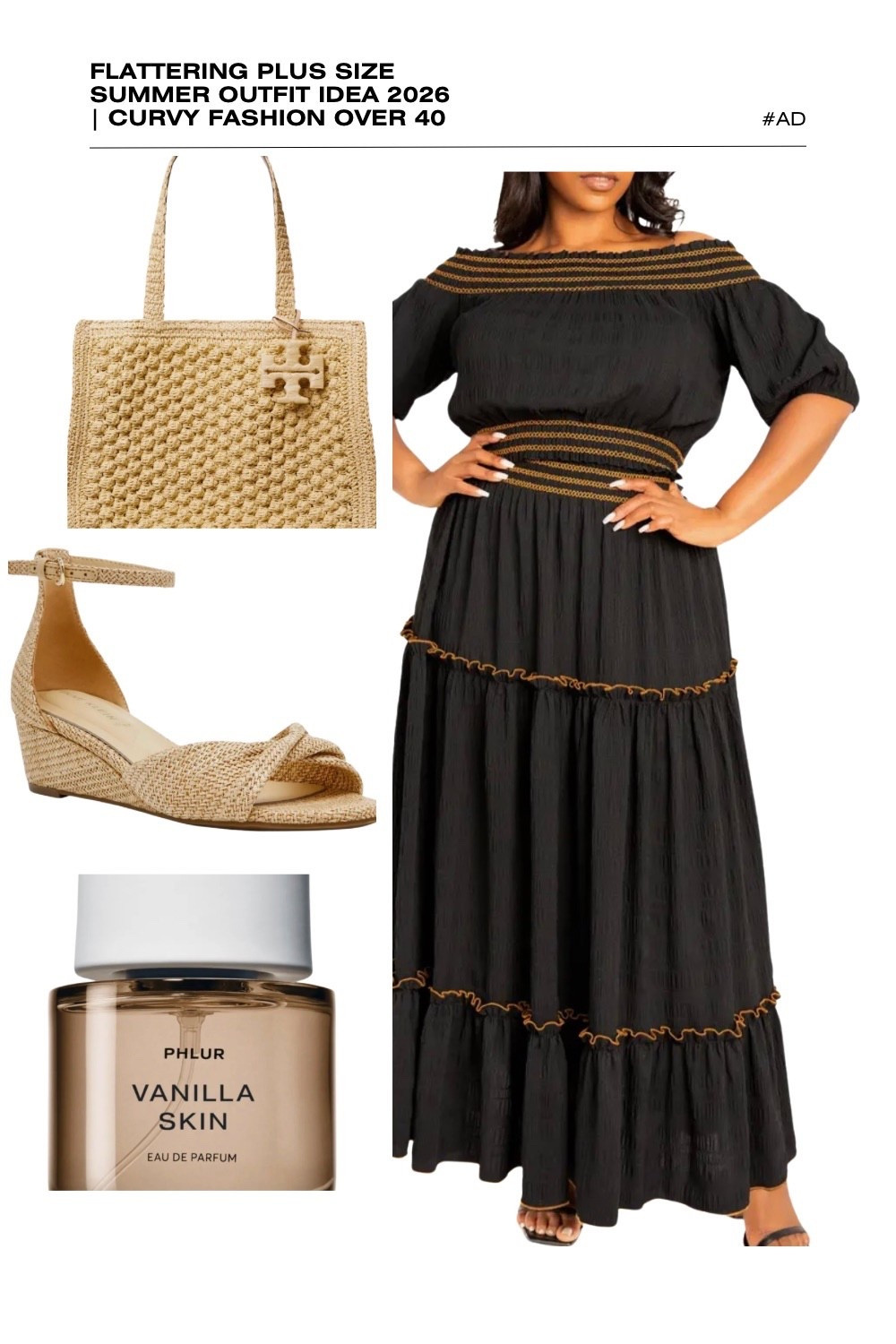 Looking for a chic and flattering black plus size summer outfit for 2026? This off-the-shoulder smocked maxi dress is a total standout for curvy fashion over 40. Featuring intricate gold-stitched smocking at the neckline and waist, this tiered dress offers a beautiful hourglass silhouette while keeping you cool.
We’ve elevated this boho-chic black dress with a Tory Burch straw tote bag and neutral raffia wedge sandals for a textured, high-end look. The ensemble is perfectly finished with the warm, viral scent of Phlur Vanilla Skin. Whether you're planning a summer date night or looking for elegant resort wear, this look is a 2026 wardrobe essential. #PlusSizeFashion #BlackMaxiDress #SummerOutfits2026 #ToryBurchBag #PhlurVanillaSkin #CurvyStyle #BohoLuxe