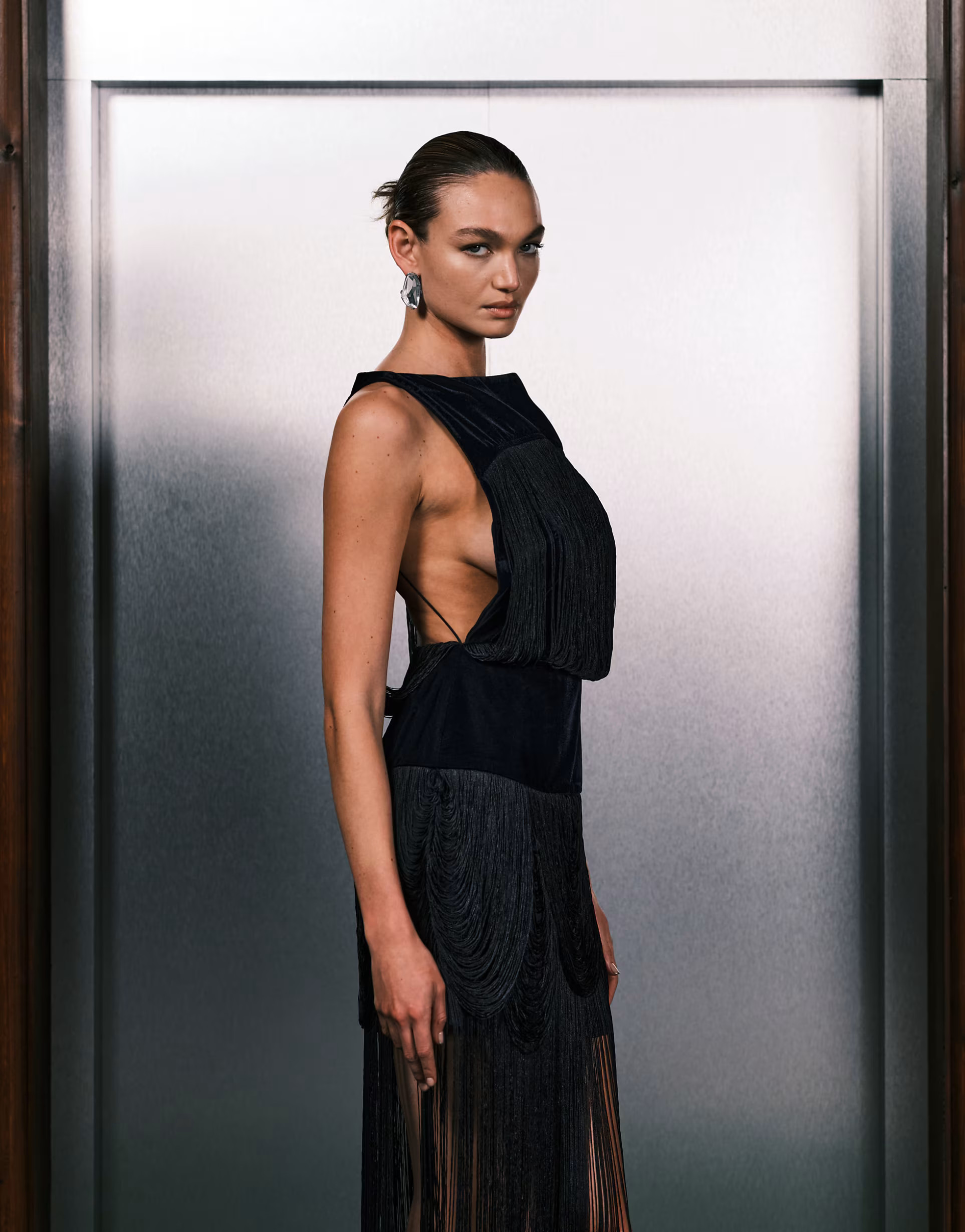 ASOS DESIGN velvet fringed midi dress with open back in dark navy | ASOS (Global)