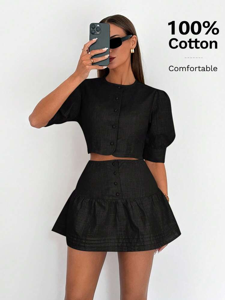 Siren Gaze Women 100% Cotton Linen Round Neck Short Puff Sleeve Single-Breasted Top And Mini Skirt 2pcs Set Winter Black Casual Black Spring | SHEIN