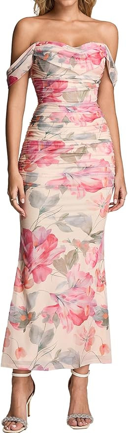 KUTUMAI Off The Shoulder Maxi Long Dress Corset Ruched Bodycon Cocktail Formal Wedding Guest Dres... | Amazon (US)