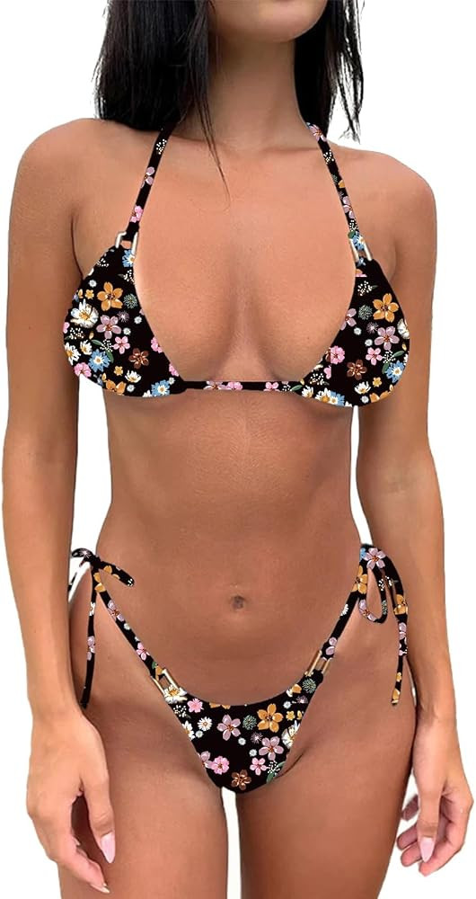 Thong Bikini Set Women Halter String Bikini Cheeky Sexy Two Piece Swimsuit Adjustable Bathing Sui... | Amazon (US)