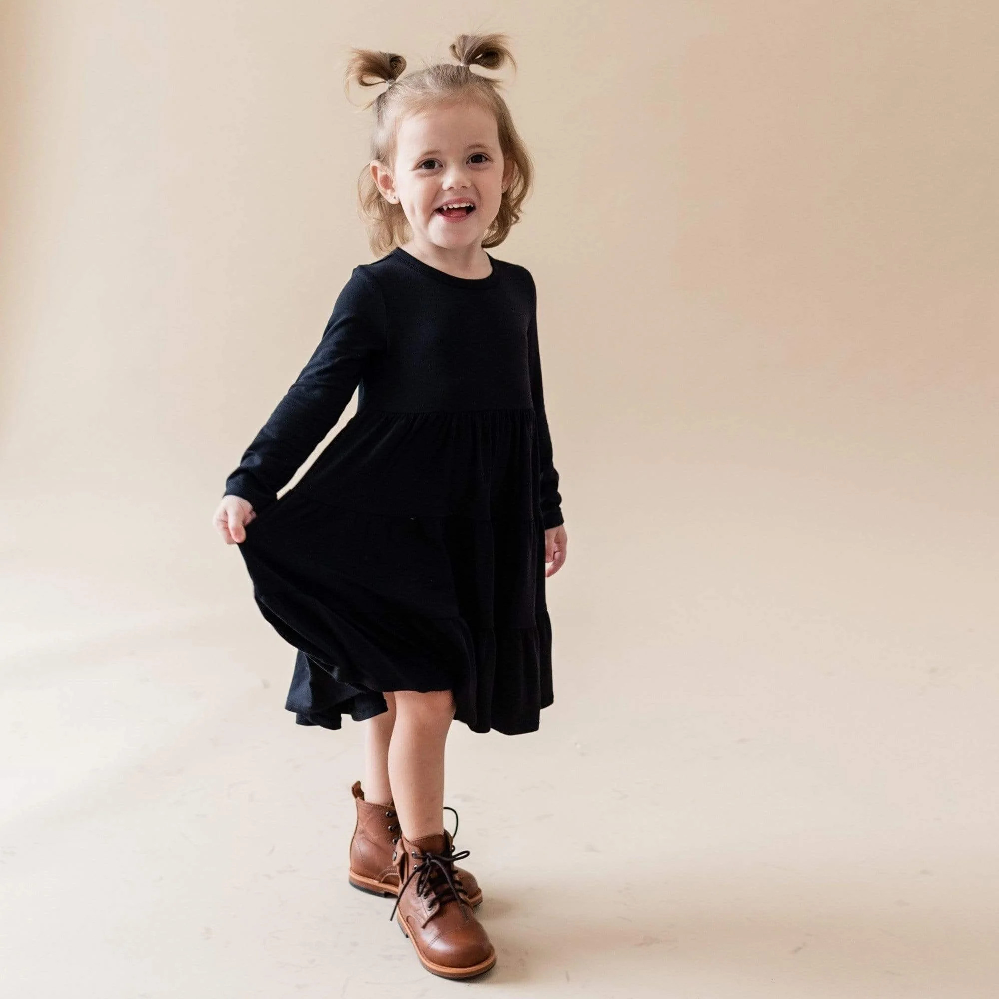 Long Sleeve Tiered Dress in Midnight | Kyte BABY