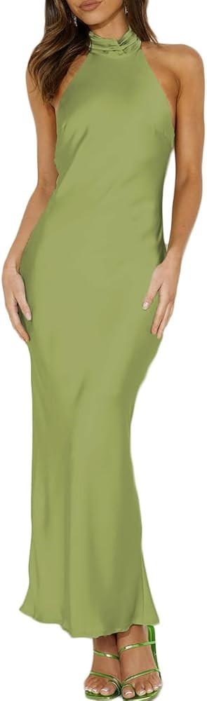 Phicia Sexy Satin Halter Neck Backless Maxi Dress for Women Elegant Tie Cowl Back Formal Wedding ... | Amazon (US)