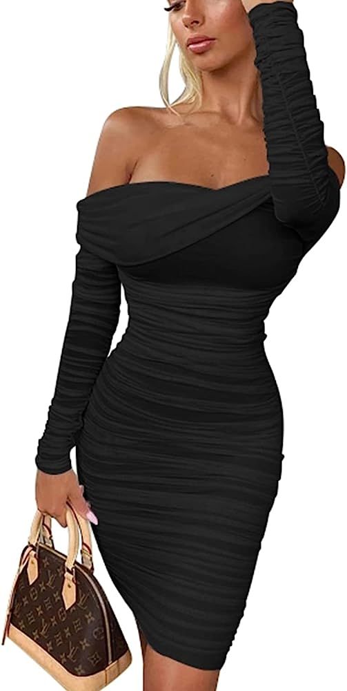 Women's Sexy Elegant Ruffle Long Sleeve Off Shoulder Ruched Party Mini Dress | Amazon (US)