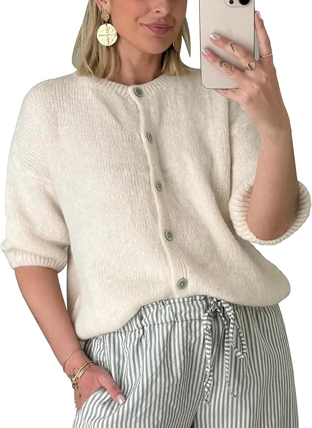 Womens Knit Cardigan Short Sleeve Button Down Sweater Solid Color Loose Front Knit | Amazon (US)
