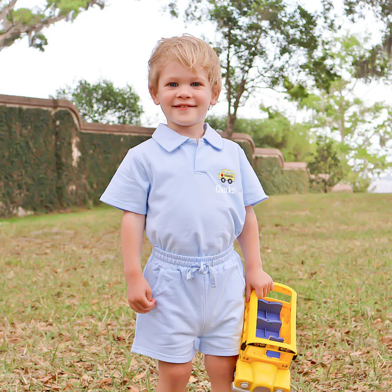 School Bus Light Blue Terry Polo Short Set | Classic Whimsy