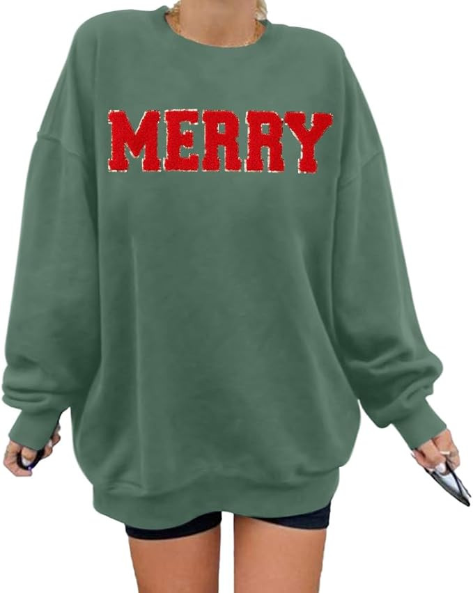 FASHGL Merry Sweatshirt Women Christmas Glitter Patch Merry Shirt Merry Letter Print Long Sleeve ... | Amazon (US)