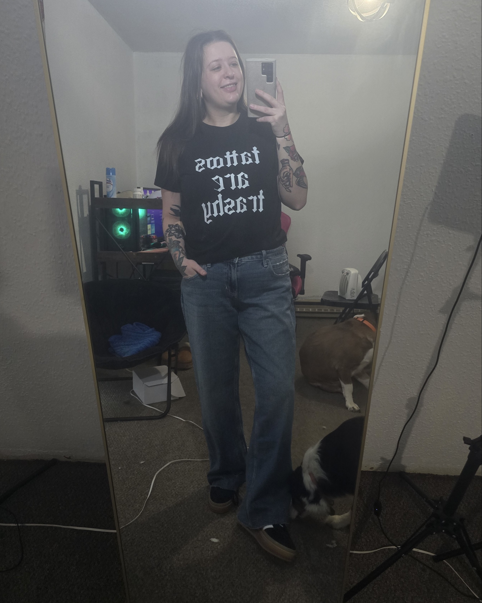 Funny tattoos are trashy shirt with Hollister baggy low rise jeans and platform adidas gazelles! 
#funnyshirt #tatooshirt #casualstyle #baggyjeans #adidasgazelle #platformadidas #casualfashion

#LTKU #LTKSeasonal #LTKStyleTip