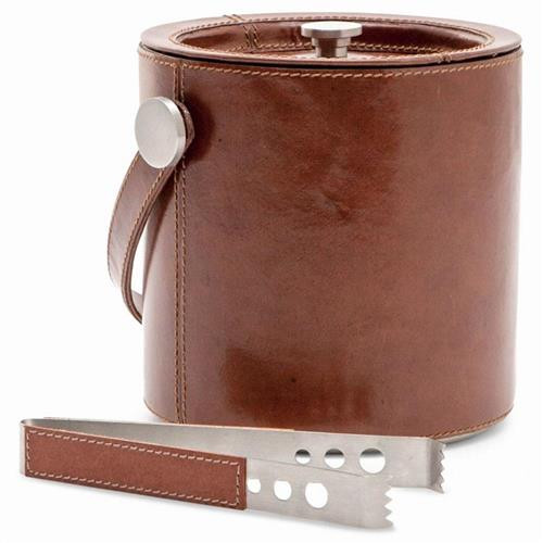 Blue Pheasant Bristol Rustic Lodge Brown Leather Ice Bucket with Tong | Kathy Kuo Home