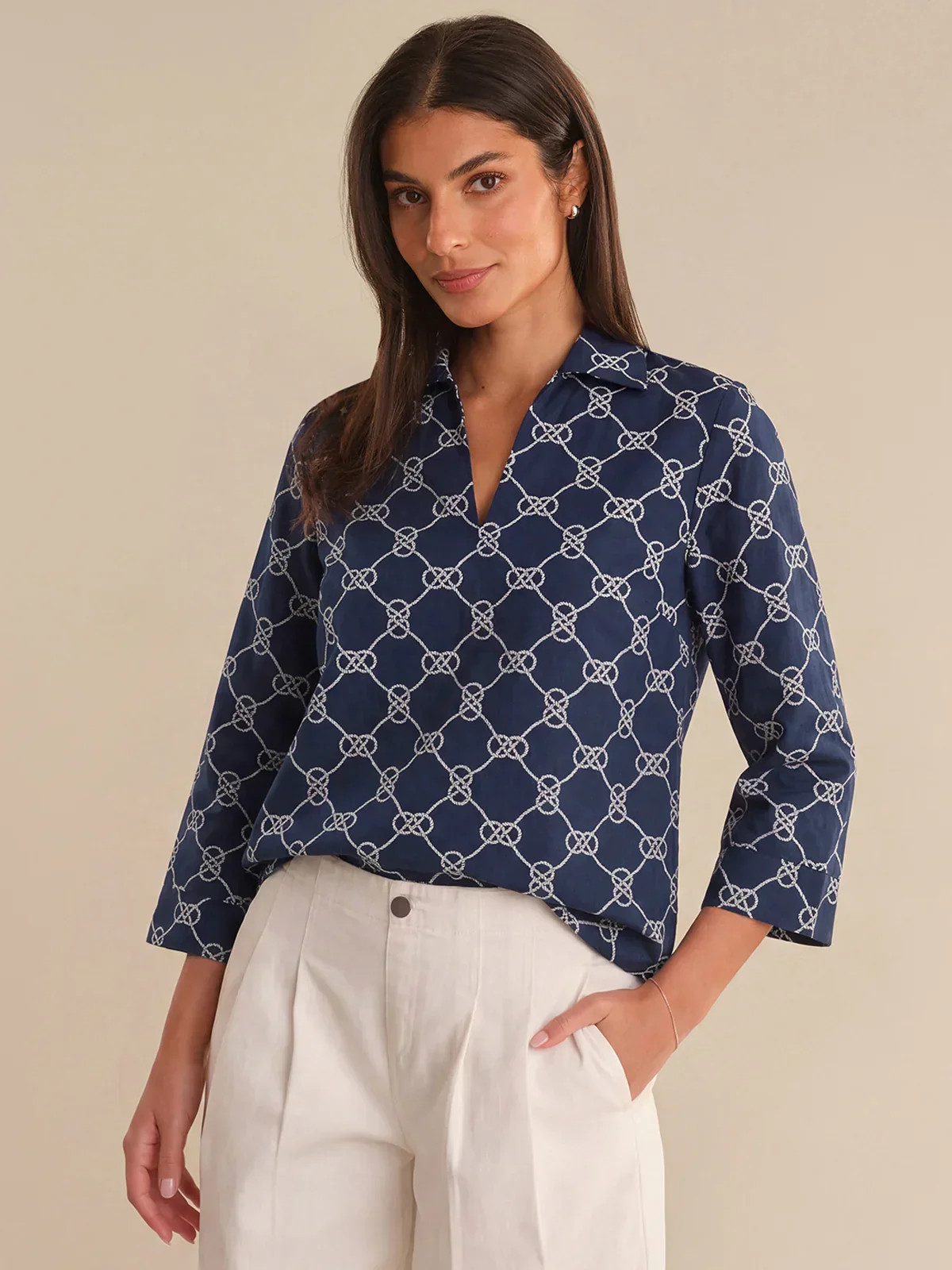 89th & Madison Rope Print V-Neck Collared Blouse | 89th + Madison