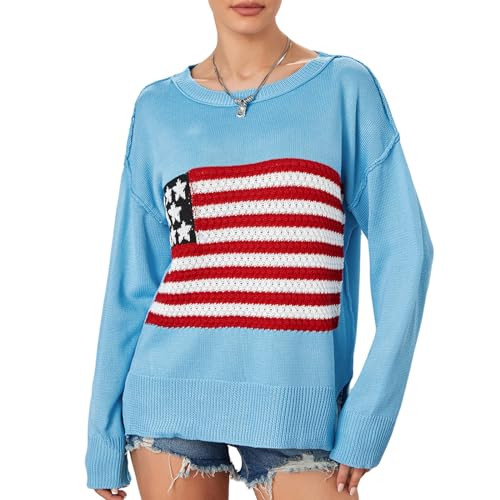 Women American Flag Sweater Loose Vintage USA Sweatshirt Long Sleeve Crewneck Hollow Out 4th of July Jumper(S Blue,Large) | Amazon (US)