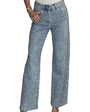 LETSVDO Women's Rhinestone Jeans Baggy High Waisted Y2k Straight Wide Leg Sparkly Glitter Bling D... | Amazon (US)