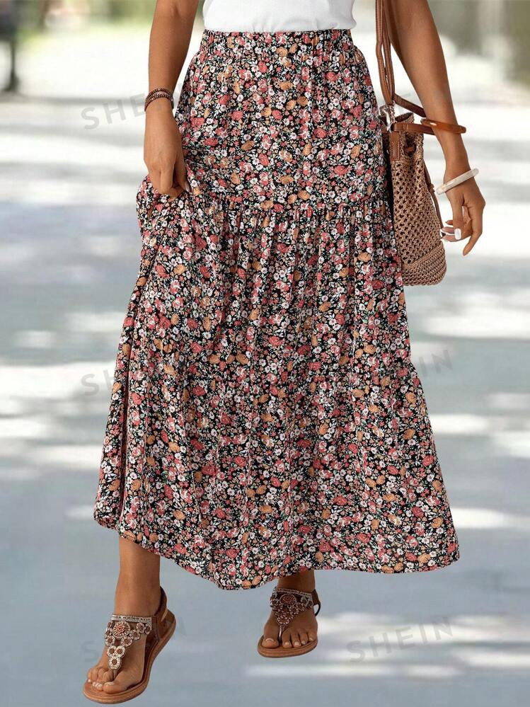 EMERY ROSE Women's Patchwork Floral Print Long Midi Skirt | SHEIN USA | SHEIN