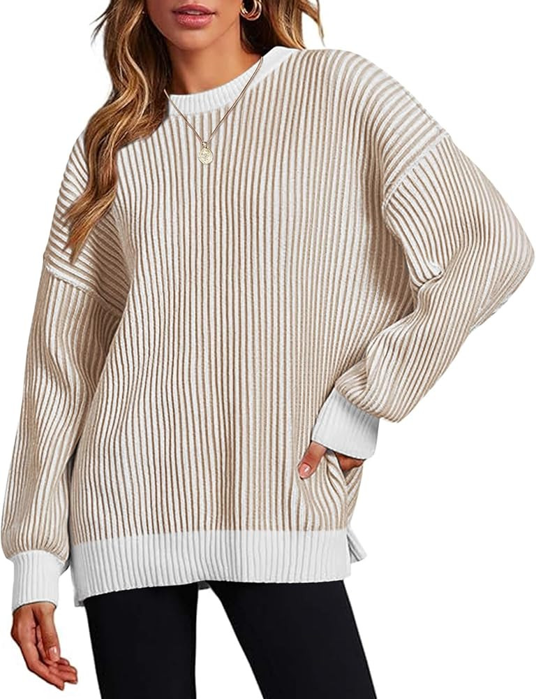 Zeagoo Women Sweater Long Sleeve Color Block Loose Pullover Rib Knit Blouse Tops | Amazon (US)