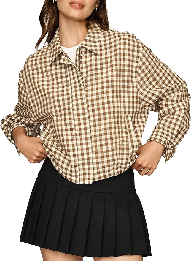 Women's Gingham Bomber Jacket Oversized Long Sleeve Cropped Coat | Amazon (US)