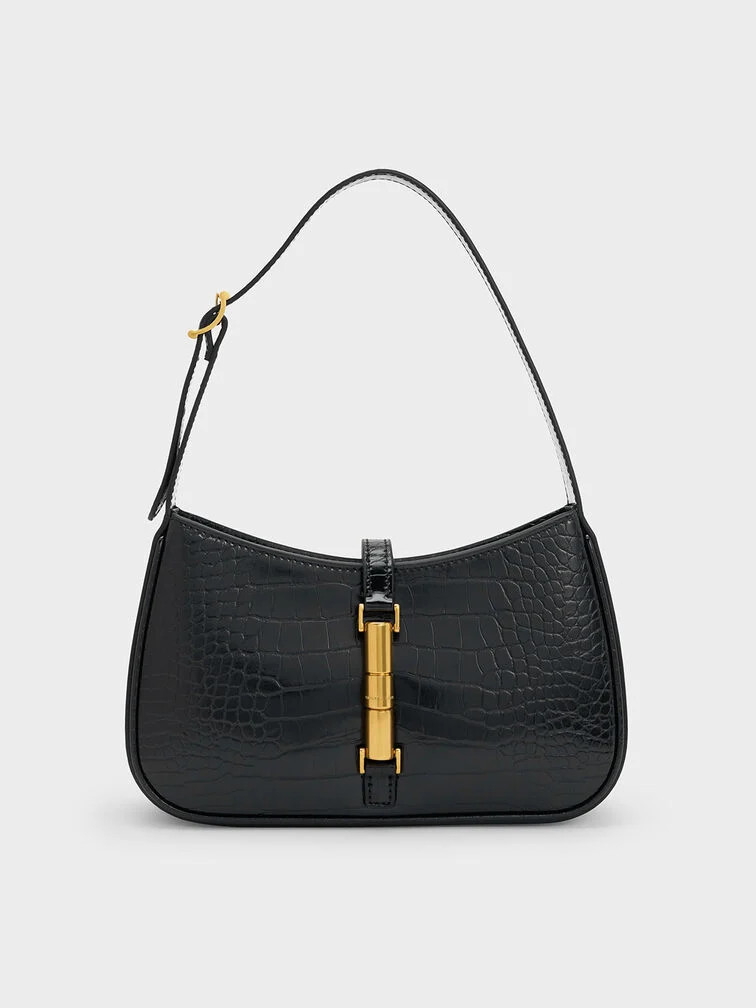 Cesia Croc-Effect Metallic-Accent Shoulder Bag - Black | Charles & Keith US
