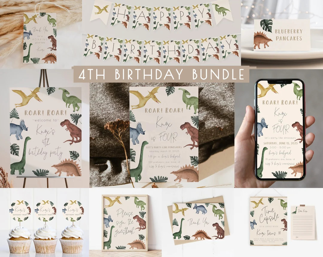 Dinosaur 4th Birthday Bundle Editable Template Package Stomp - Etsy | Etsy (US)