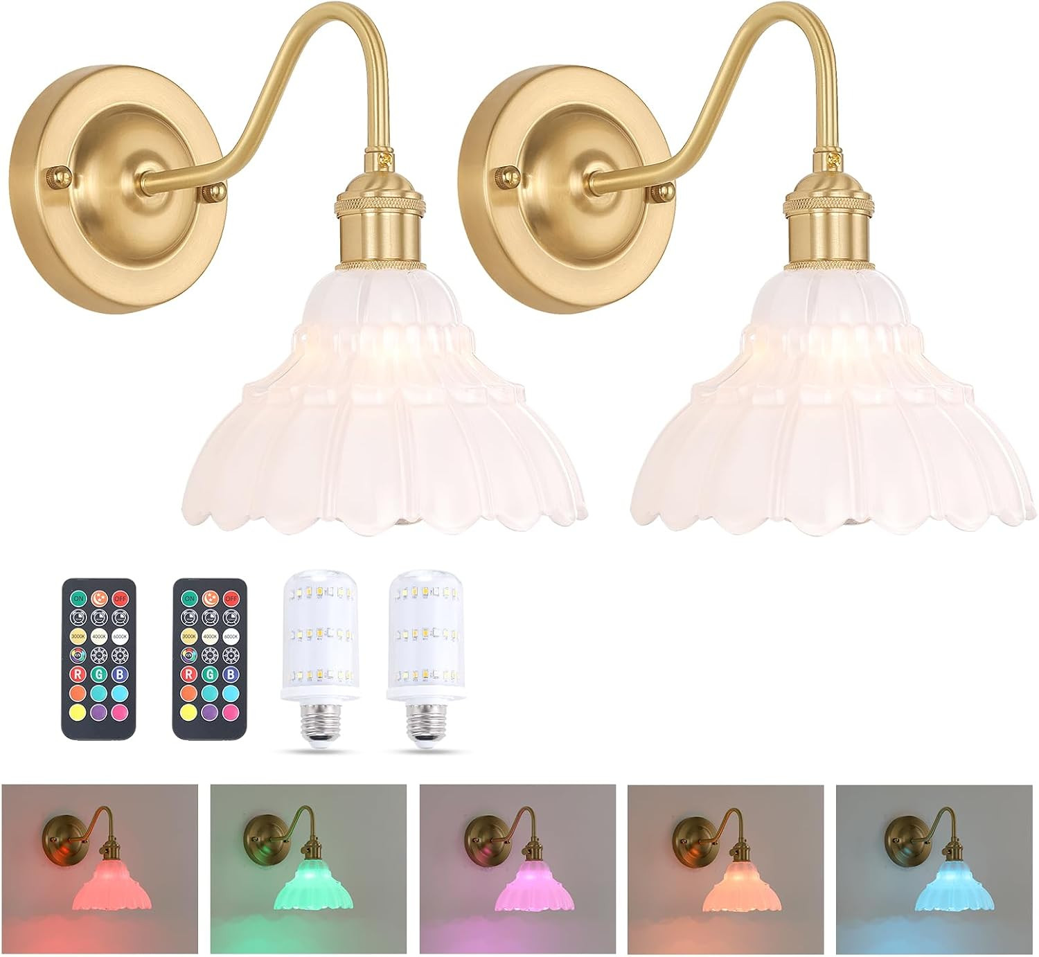 Battery Operated Wall Sconce Set of 2, Vintage Rechargeable Wall Lights with White Lily Glass Sha... | Amazon (US)