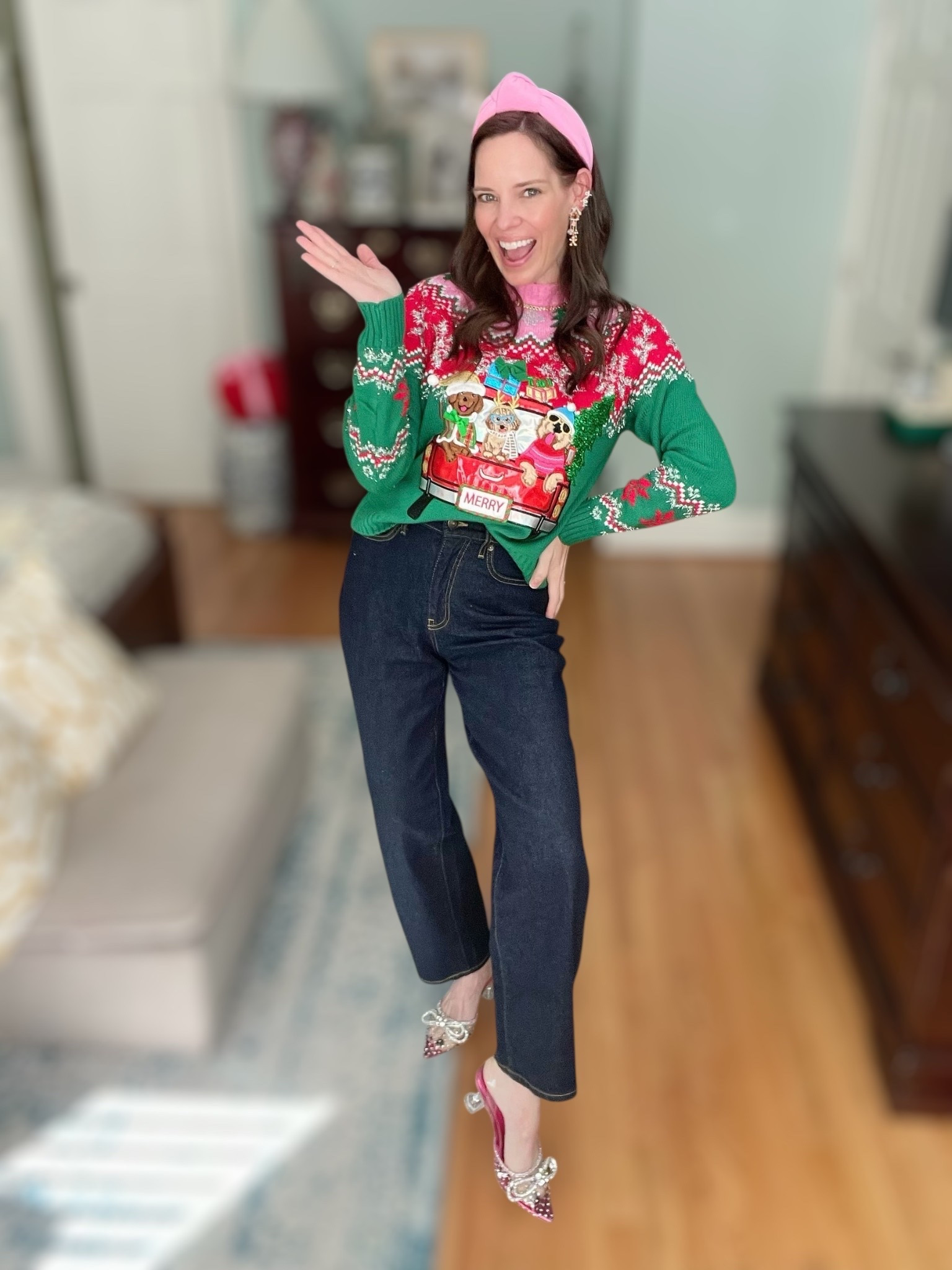 🎄✨ Festive + Fun Holiday Outfit 🎁
This Christmas look is giving playful holiday party energy! I paired the cutest Holiday Time embellished sweater with my favorite Free Assembly dark denim for a comfy, flattering fit. Added pops of pink with a Lele Sadoughi style knotted headband and these sparkly bow-detail ballet flats that look designer but are Amazon (I know!!). Finished it off with the sweetest gingerbread jewelry from BaubleBar — it’s just whimsical holiday magic. 💗🍬

Perfect for: classroom parties, cookie swaps, Christmas shopping days, holiday themes at work, or just being the festive mom 🎅🏻💕

⸻

Shop My Look:
• Holiday Time Embellished Christmas Sweater
• Free Assembly Wide Leg Dark Denim
• Bubblegum Pink Knotted Padded Headband
• Sparkly Bow Ballet Flats (AMAZON 😍)
• BaubleBar Gingerbread Earrings
• BaubleBar Holly Jolly Charm Necklace / Bracelet

⸻


holiday outfit idea, festive outfit inspo, Christmas party outfit, Walmart holiday finds, cute ugly sweater outfit, holiday style 2025, pink holiday outfit, BaubleBar Christmas jewelry, Amazon sparkle flats, holiday mom style, classroom holiday party look, colorful Christmas outfit, under budget Christmas look, Walmart winter fashion, Free Assembly denim styling, cozy cute holiday sweater outfit, merry + bright aesthetics, gingerbread accessories, holiday accessories for women ✨🍬🎄

#LTKFindsUnder50 #LTKGiftGuide #LTKHoliday