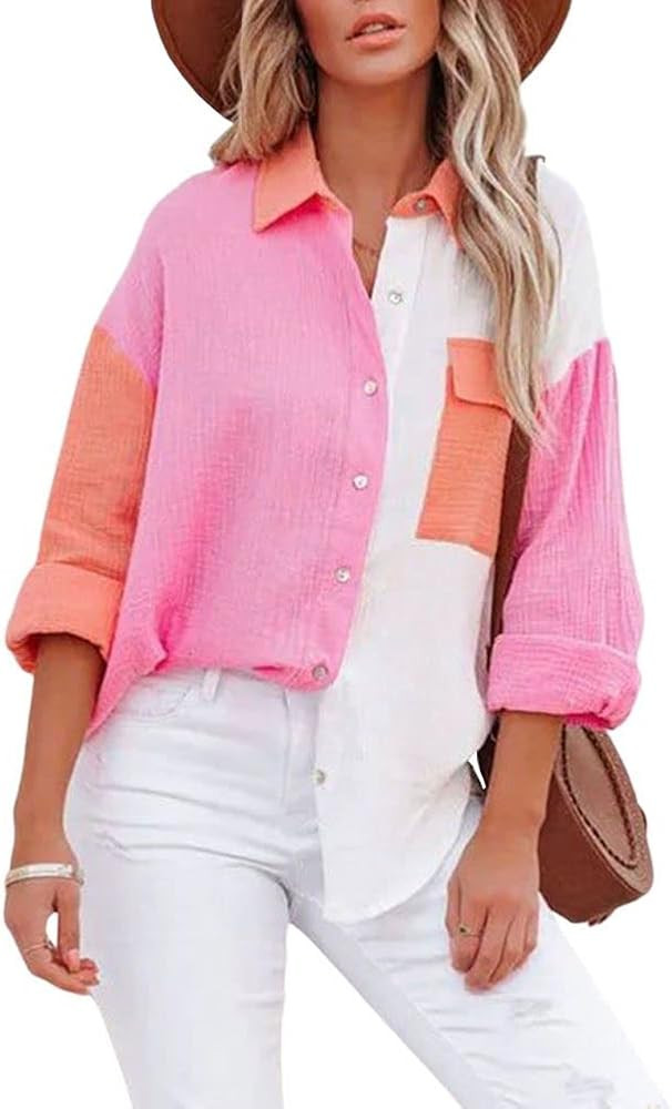 chouyatou Women's Color Block Long Sleeve Button Down Boyfriend Shirt Blouses | Amazon (US)