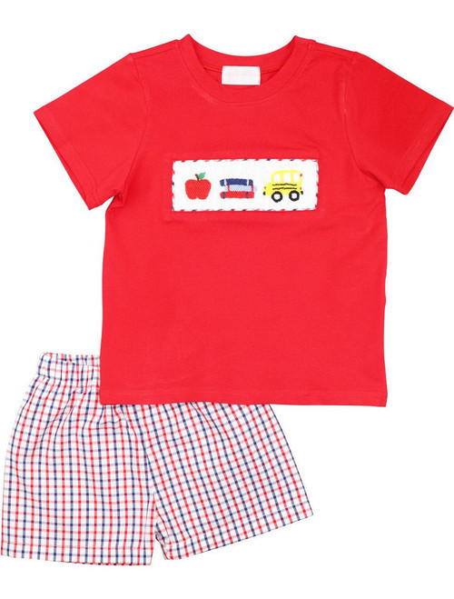Navy And Red Windowpane Smocked Back To School Short Set | Cecil and Lou