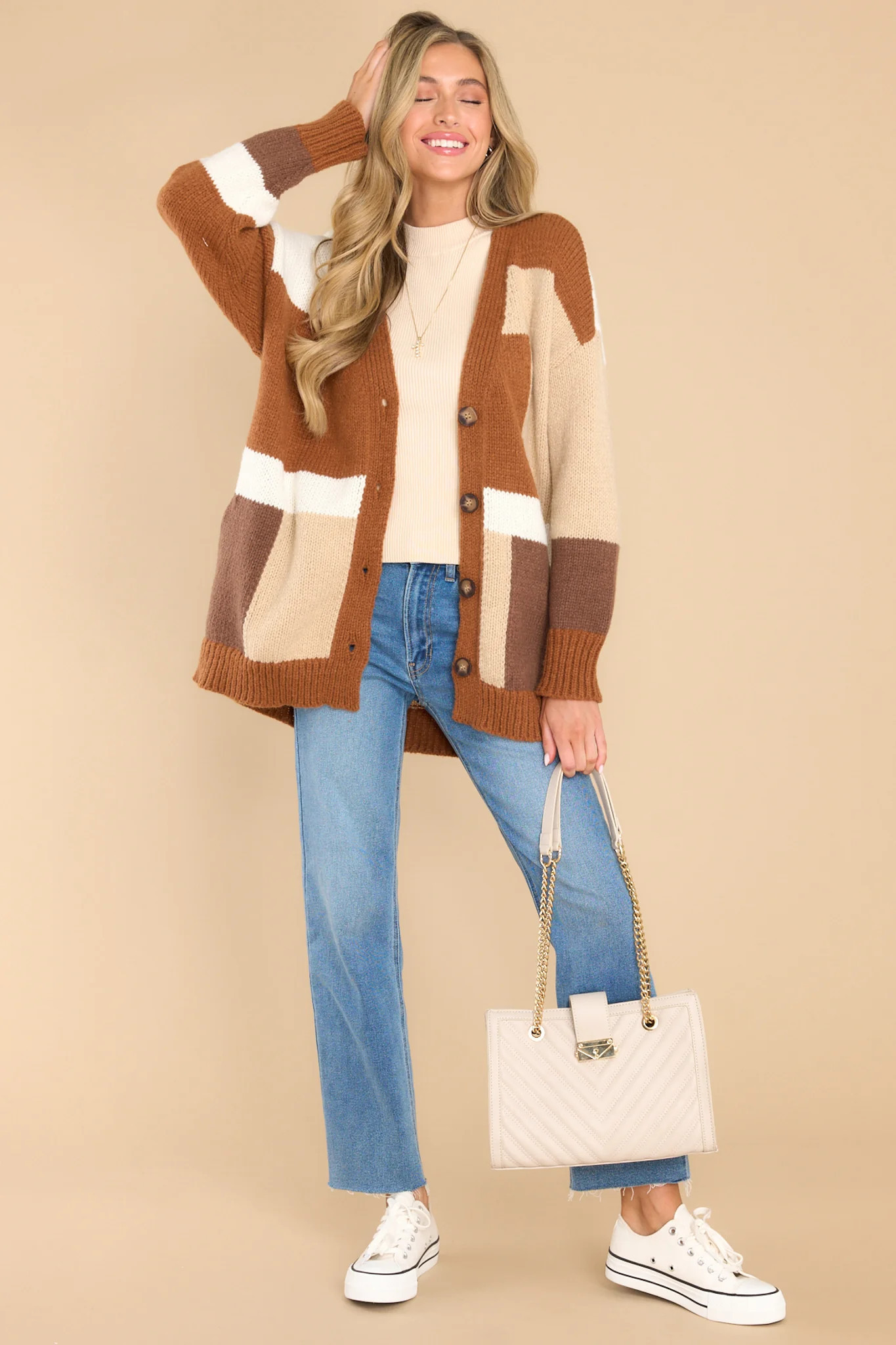 Block Him Brown Colorblock Cardigan | Red Dress 