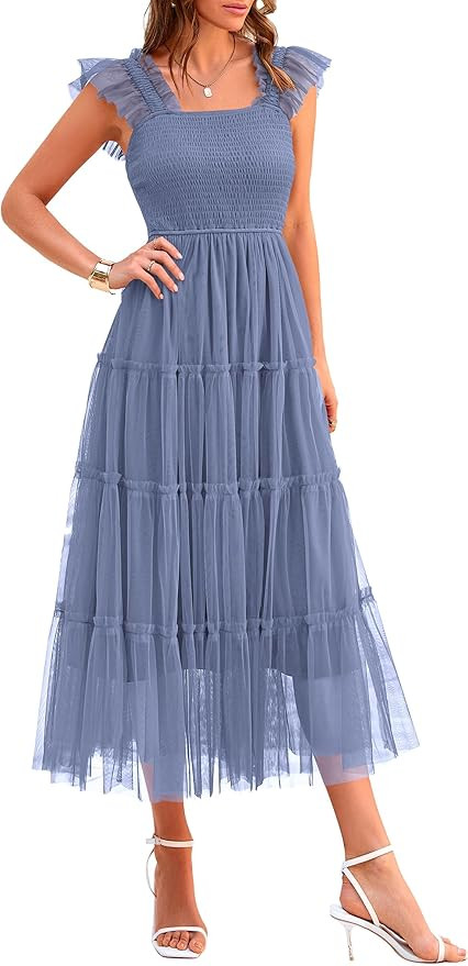 PRETTYGARDEN Women's Summer Tulle Midi Dress Sleeveless Smocked Ruffle Flowy Mesh Dresses Party W... | Amazon (US)