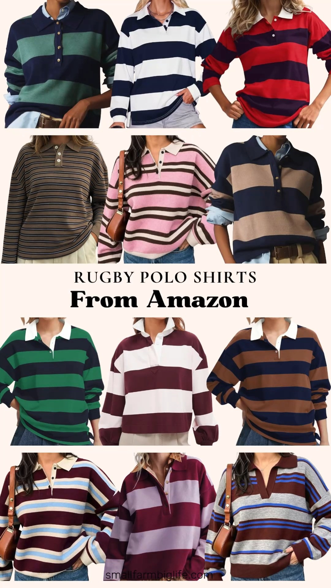 Rugby polo shirts are having such a preppy Y2K moment this fall, and this Amazon lineup has so many stripe combinations to choose from.

The wine and pink, navy and khaki, and navy and green striped Wyeysyt Polo Sweaters are all soft, collared knit tops perfect for autumn outfits, and the burgundy and white and navy and green striped Color Block Rugby Sweatshirts bring that same lapel collar, button down detail. The red and purple striped Burtell Fall Polo Shirt is such a fun, vintage inspired option for casual wear.

The wine cream and light blue, and pink brown and beige Tankaneo Striped Polo Sweaters are both soft, cozy, drop shoulder pullovers, and the brown and blue, and brown and navy striped Oversized Polo Shirts have that classic preppy, collegiate feel.

Rounding things out, the brown grey and electric blue striped Yimoon Crop Rugby Sweater adds a fun, cropped silhouette, and the navy and white striped Blooming Jelly Oversized Polo Shirt rounds out the lineup with an easy, streetwear inspired look perfect for business casual workwear or a casual weekend.

So many great rugby polo shirts to shop for fall, all linked for you.

#rugbypolo #fallfashion #falloutfits #autumnoutfits #preppy 

 #LTKootd #LTKOver40